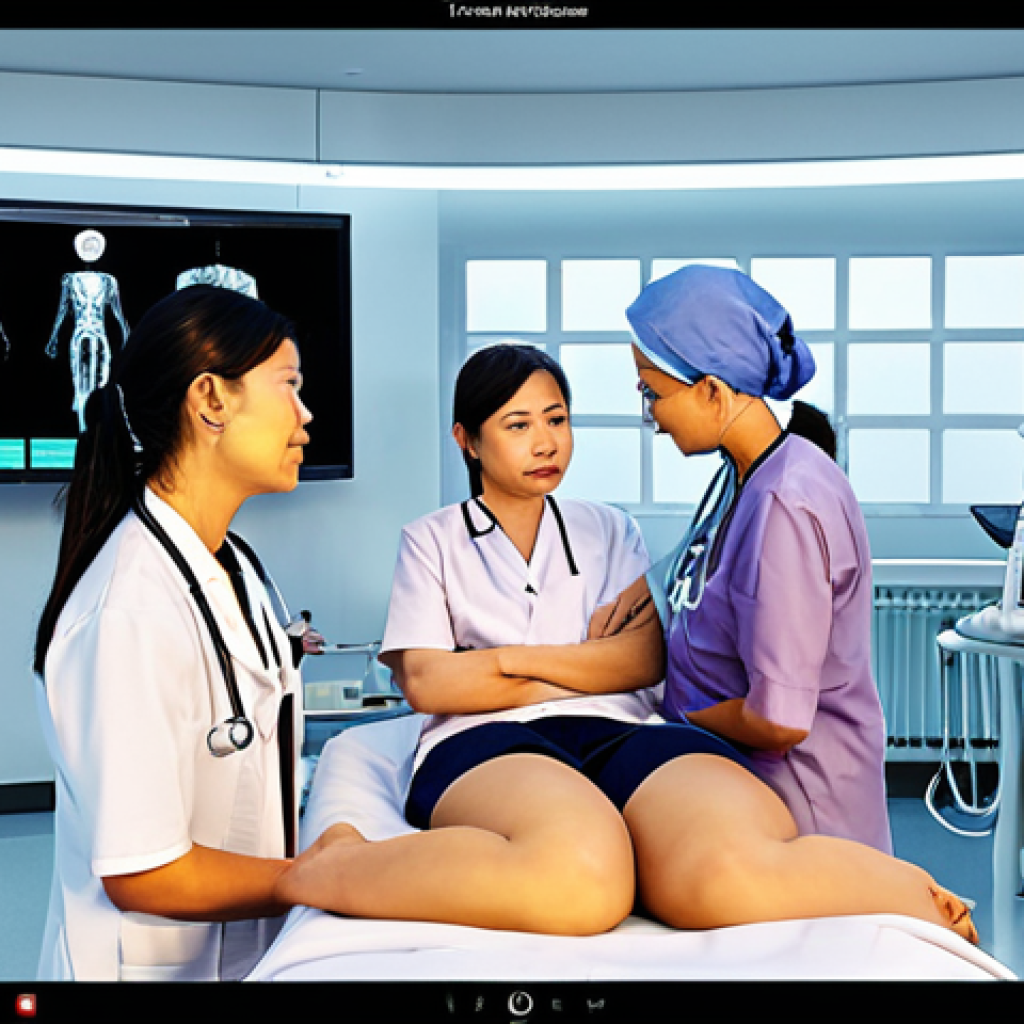 0 Tesla MRI image) overlaid with AI analysis, highlighting minute details. The room is sleek, modern, and filled with advanced equipment, including glimpse of a C-arm 3D system. The overall atmosphere conveys precision, technological sophistication, and a sense of "future medicine" in practice.

**Image Prompt 2: Human-Centered Care and Collaborative Learning**
A warm and empathetic scene depicting a Vietnamese female radiographer gently reassuring an elderly patient before a procedure, demonstrating compassionate communication. In the background, a diverse group of medical professionals (doctors, nurses, and other technicians) are engaged in a collaborative discussion around a digital screen or patient charts, symbolizing interdisciplinary teamwork and continuous learning within a modern hospital setting. The image should convey trust, professional collaboration, and a patient-first approach.