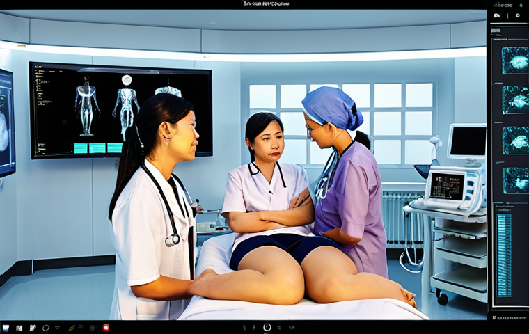 0 Tesla MRI image) overlaid with AI analysis, highlighting minute details. The room is sleek, modern, and filled with advanced equipment, including glimpse of a C-arm 3D system. The overall atmosphere conveys precision, technological sophistication, and a sense of "future medicine" in practice.

**Image Prompt 2: Human-Centered Care and Collaborative Learning**
A warm and empathetic scene depicting a Vietnamese female radiographer gently reassuring an elderly patient before a procedure, demonstrating compassionate communication. In the background, a diverse group of medical professionals (doctors, nurses, and other technicians) are engaged in a collaborative discussion around a digital screen or patient charts, symbolizing interdisciplinary teamwork and continuous learning within a modern hospital setting. The image should convey trust, professional collaboration, and a patient-first approach.