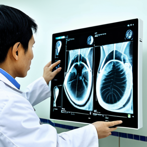 방사선 방호 장비 리뷰 - A Vietnamese doctor in a fully clothed, professional white coat examining an X-ray in a modern hospi...