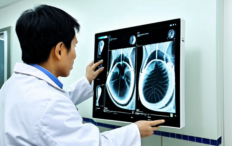 방사선 방호 장비 리뷰 - A Vietnamese doctor in a fully clothed, professional white coat examining an X-ray in a modern hospi...
